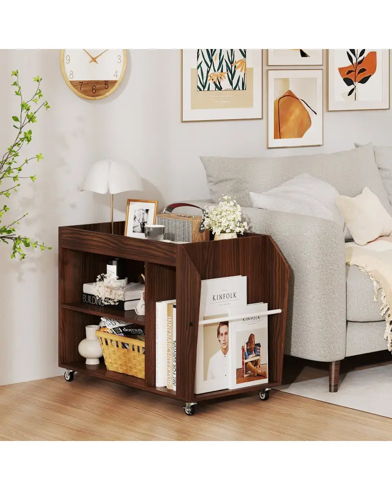 3-Tier Side End Table with Universal Wheels-Walnut - Walnut - End & Side Tables