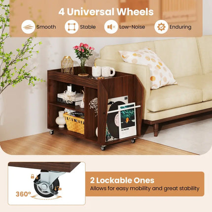 3-Tier Side End Table with Universal Wheels-Walnut Costway