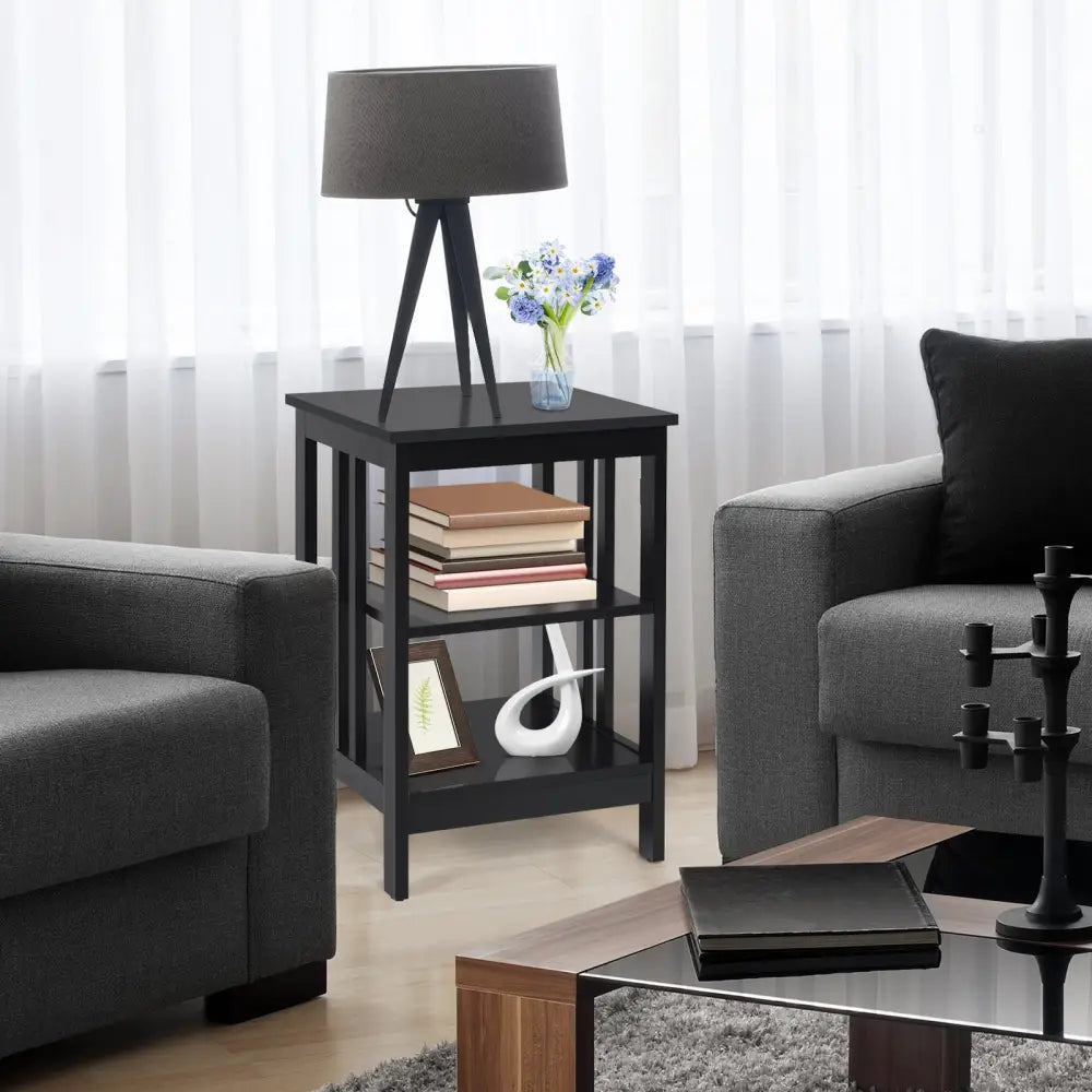 3-tier Side Table Nightstand with Stable Structure-Black - Black - End & Side Tables