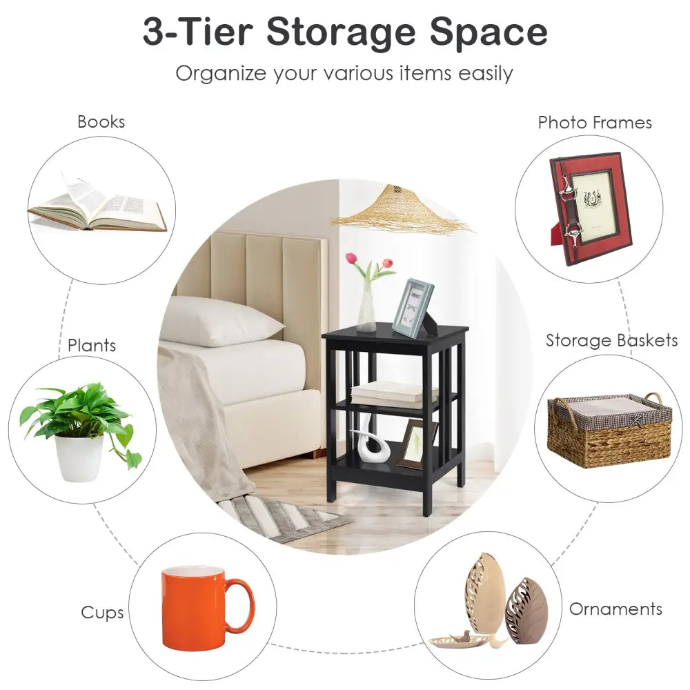 3-tier Side Table Nightstand with Stable Structure-Black - Black - End & Side Tables