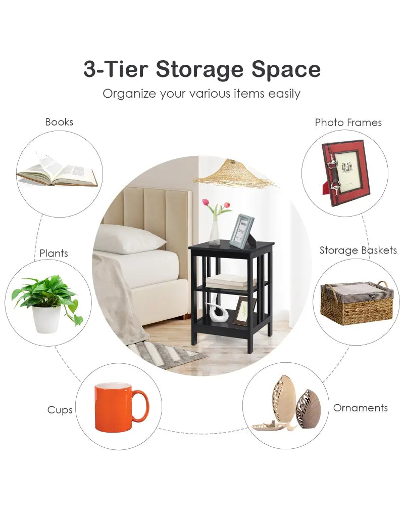 3-tier Side Table Nightstand with Stable Structure-Black - Black - End & Side Tables