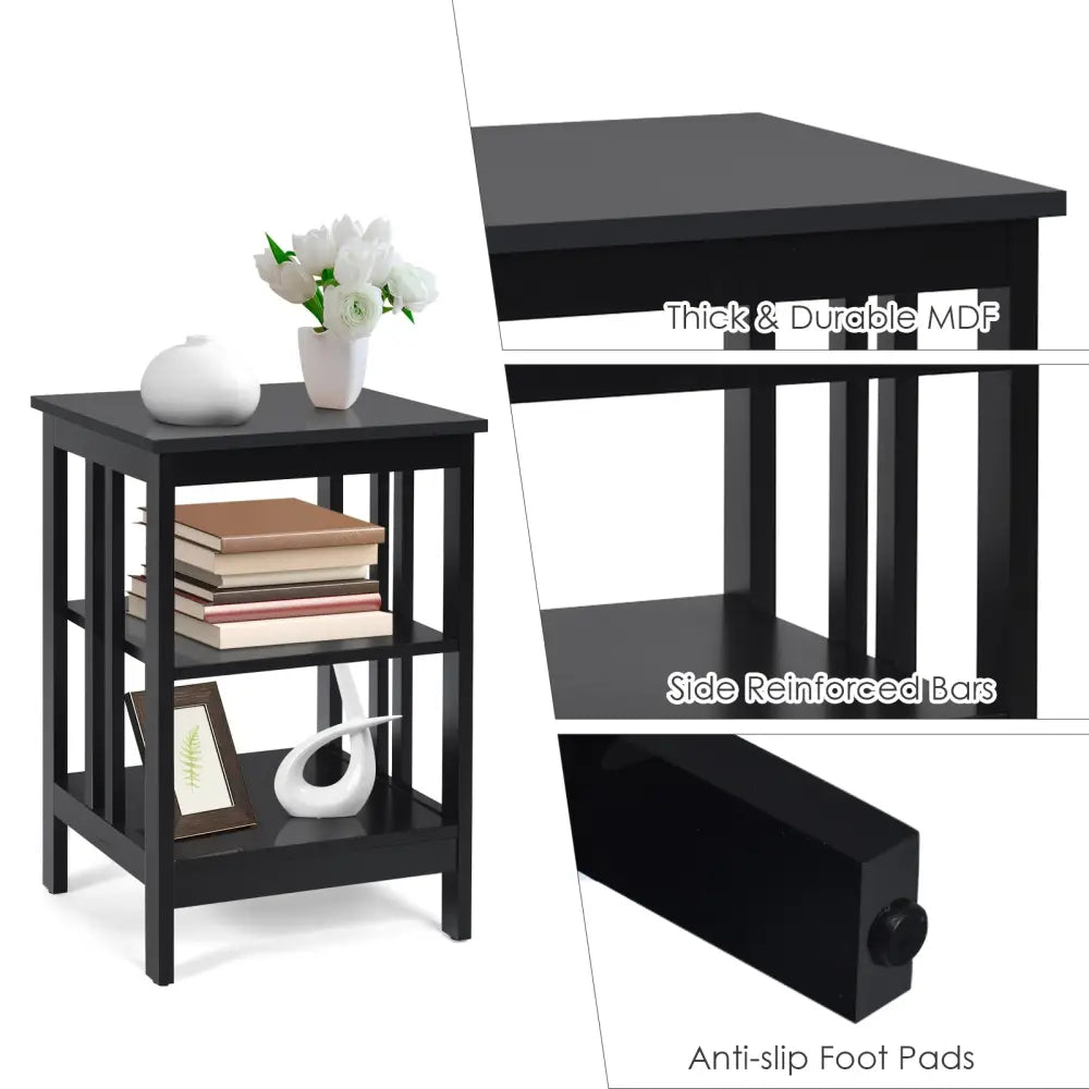 3-tier Side Table Nightstand with Stable Structure-Black - Black - End & Side Tables