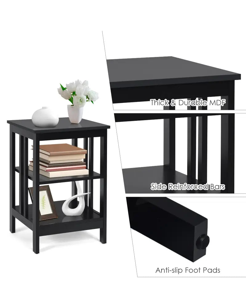 3-tier Side Table Nightstand with Stable Structure-Black - Black - End & Side Tables
