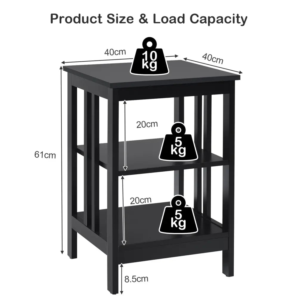 3-tier Side Table Nightstand with Stable Structure-Black - Black - End & Side Tables