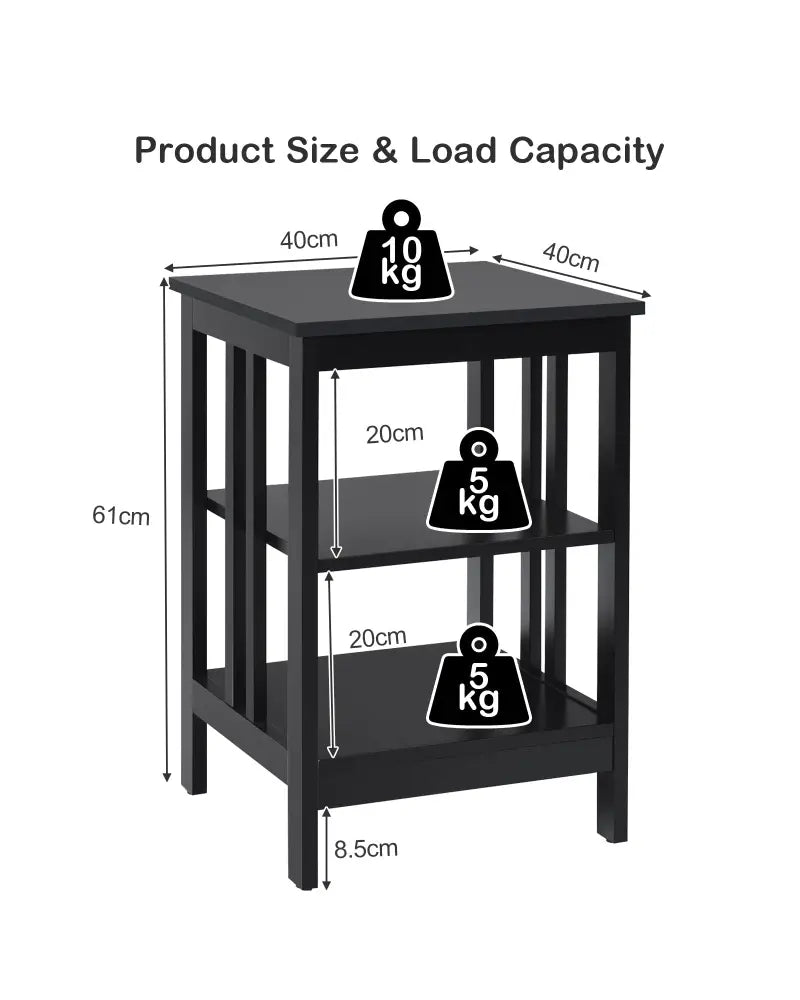3-tier Side Table Nightstand with Stable Structure-Black - Black - End & Side Tables