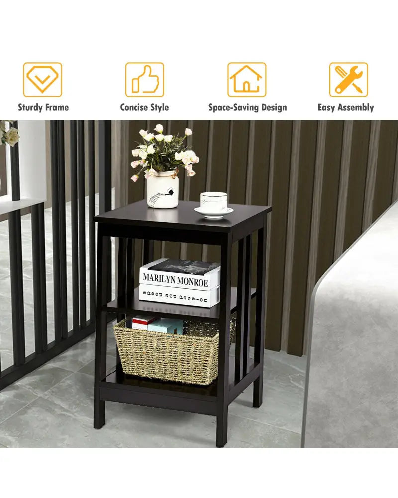 3-tier Side Table Nightstand with Stable Structure-Dark Brown - Dark Brown - End & Side Tables