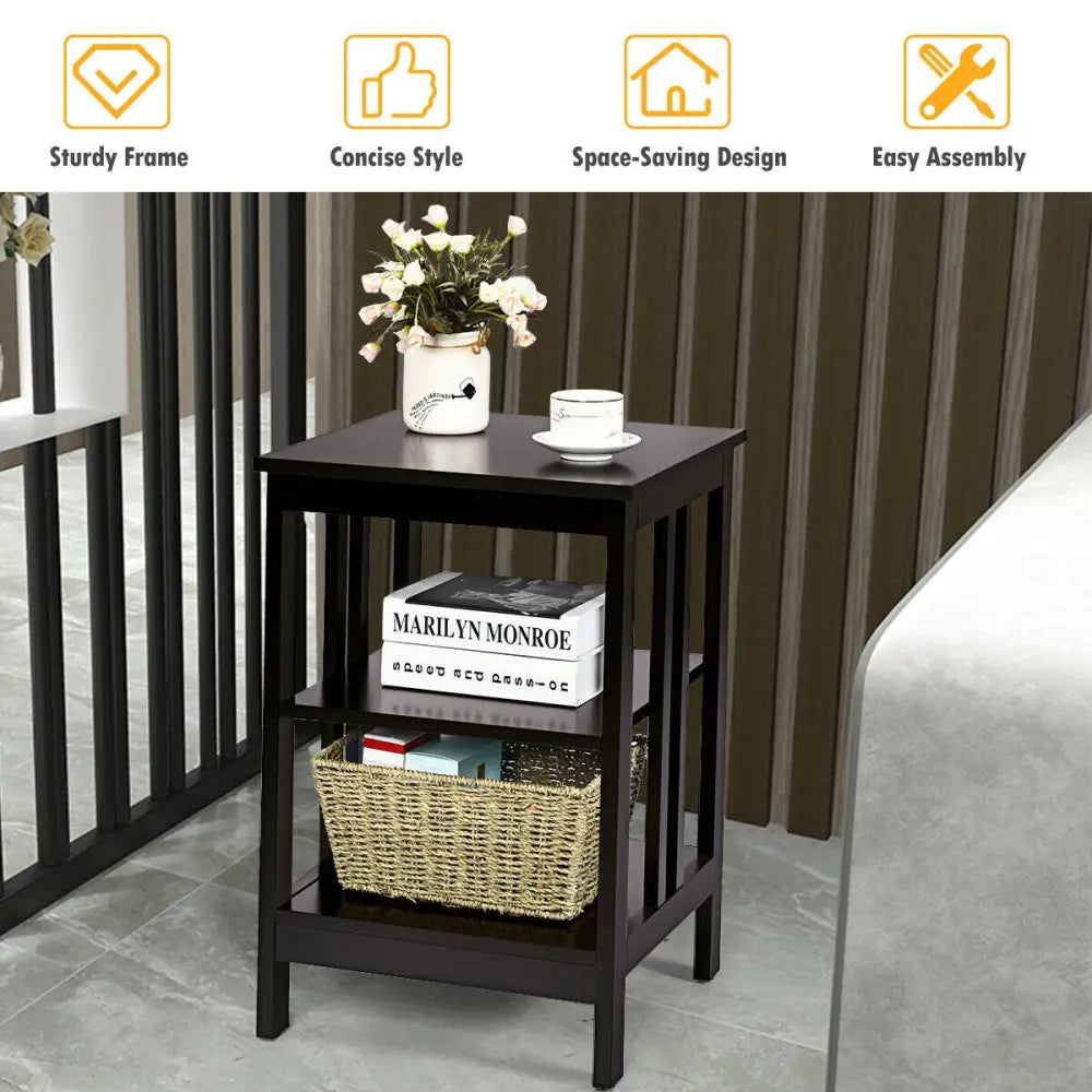 3-tier Side Table Nightstand with Stable Structure-Dark Brown - Dark Brown - End & Side Tables