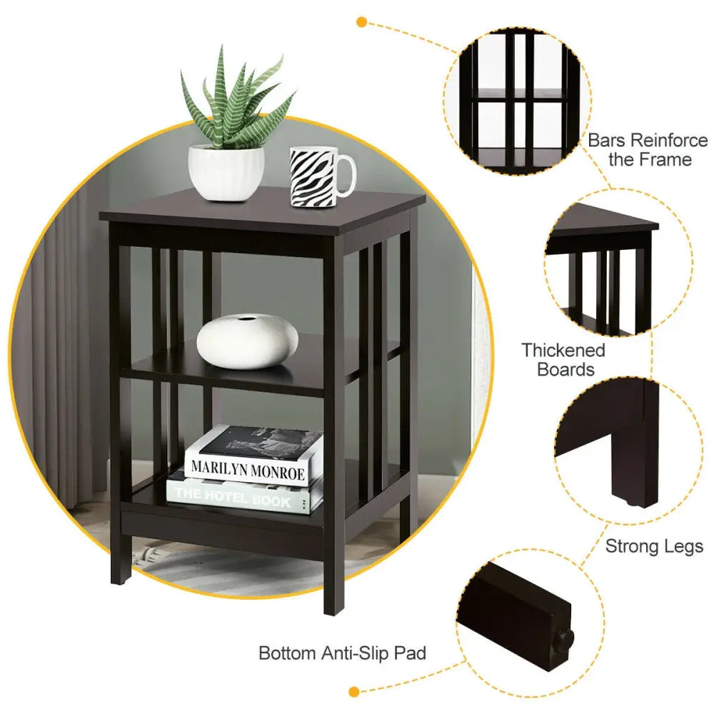 3-tier Side Table Nightstand with Stable Structure-Dark Brown - Dark Brown - End & Side Tables