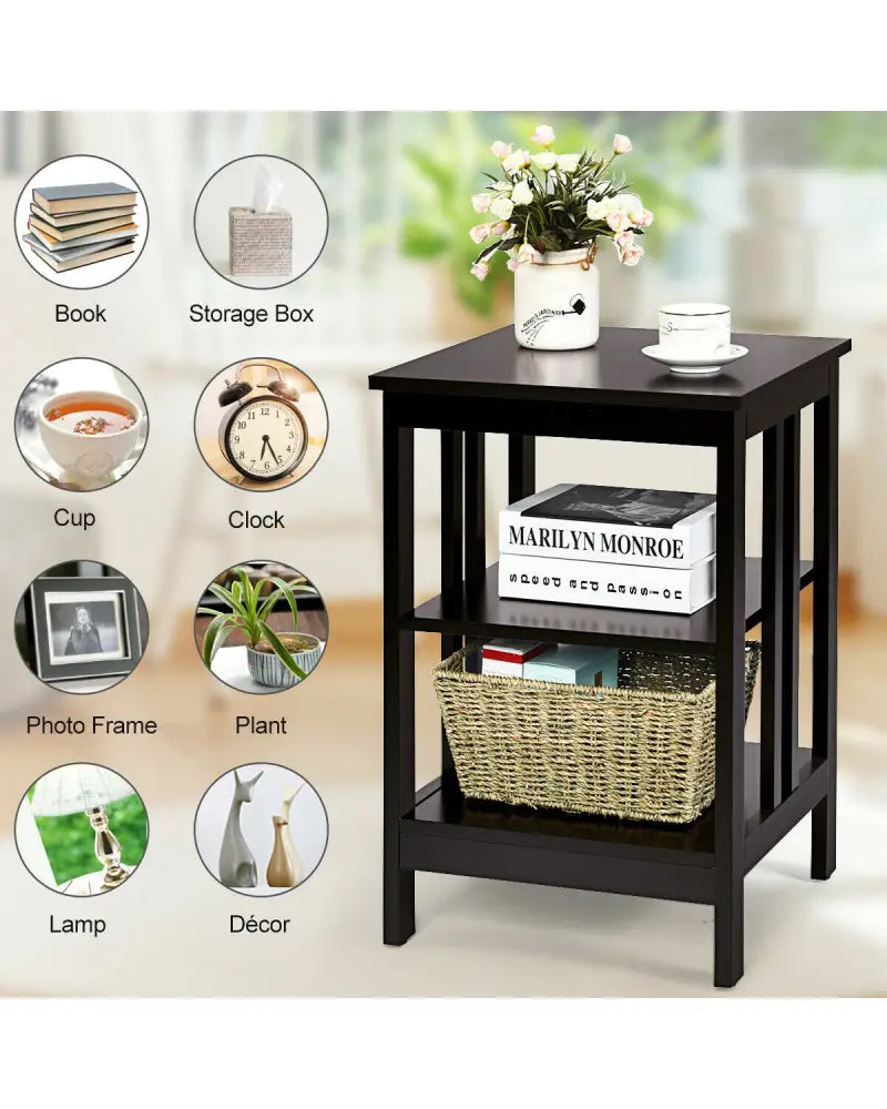3-tier Side Table Nightstand with Stable Structure-Dark Brown - Dark Brown - End & Side Tables