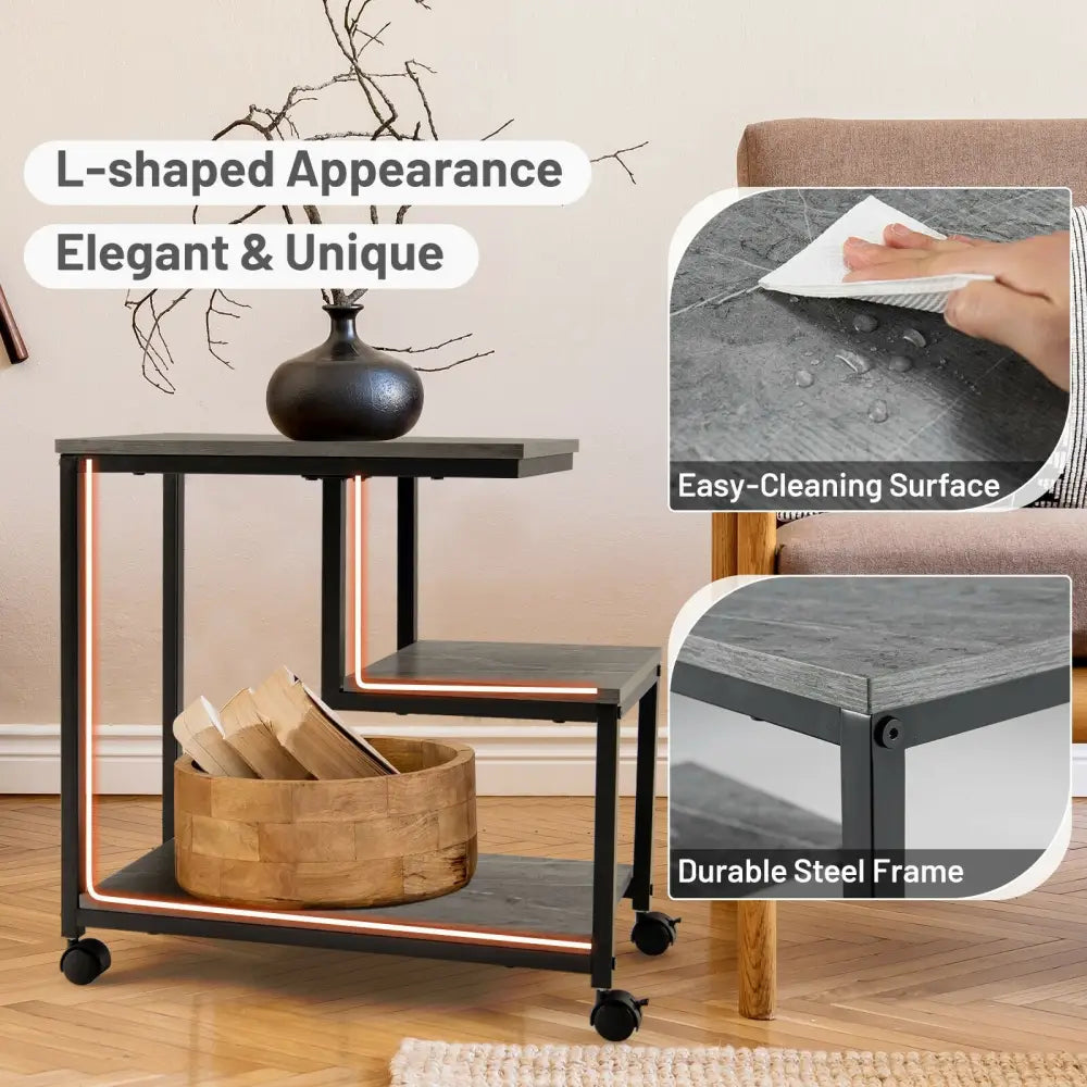 3-Tier Side Table with Storage and Universal Casters for Living Room and Bedroom-Black - Black - End & Side Tables