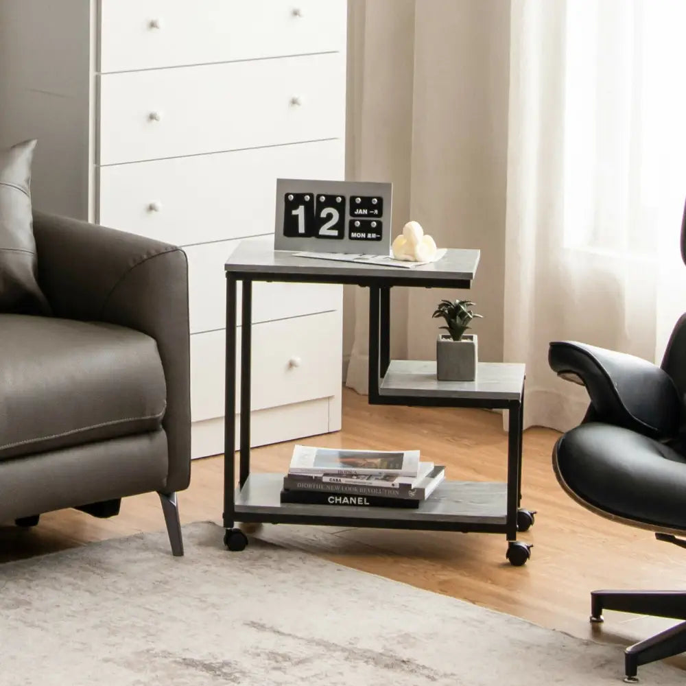3-Tier Side Table with Storage and Universal Casters for Living Room and Bedroom-Black - Black - End & Side Tables