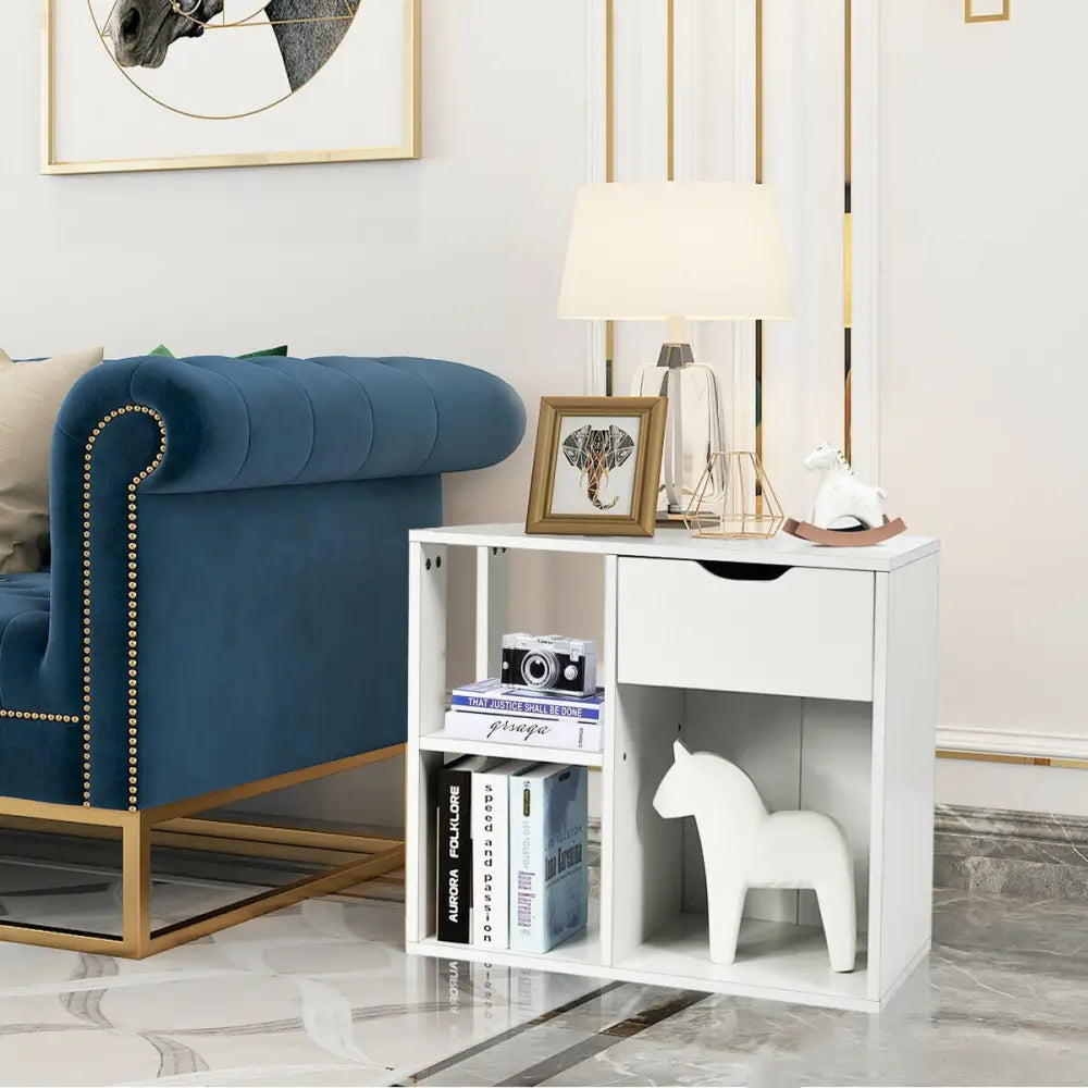 3-Tier Side Table with Storage Shelf and Drawer Space - White - End & Side Tables