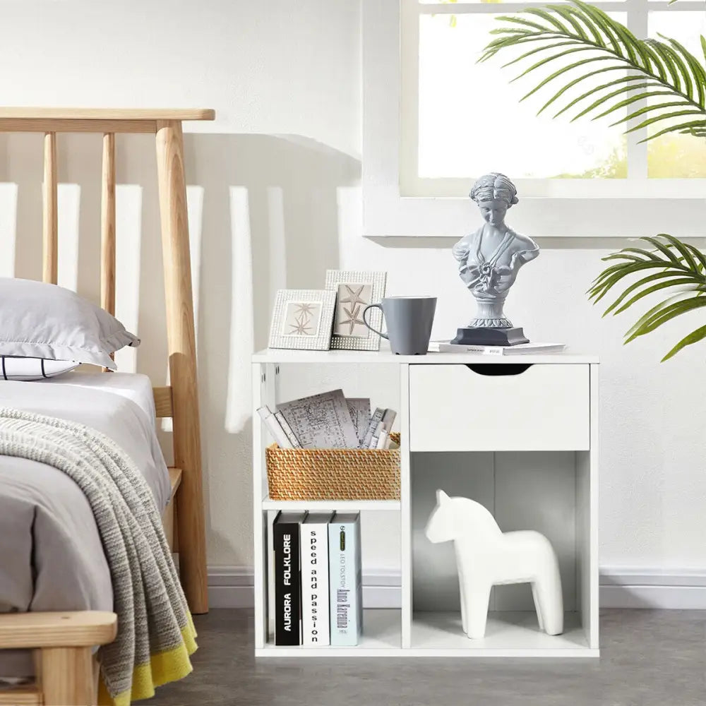 3-Tier Side Table with Storage Shelf and Drawer Space - White - End & Side Tables
