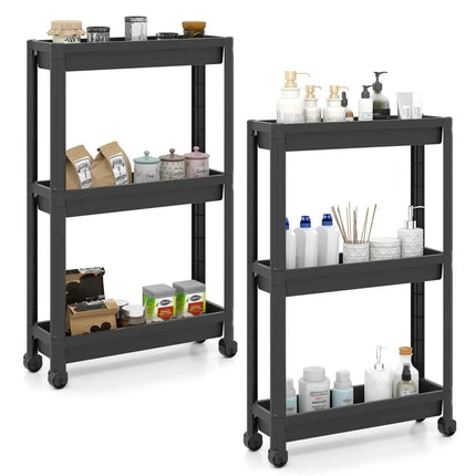 3-Tier Slim Rolling Storage Cart 2-Pack Mobile Bathroom Organizer with Wheels-Black Costway