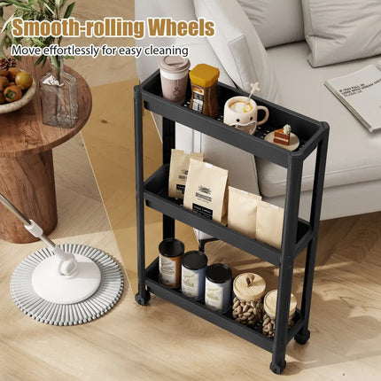3-Tier Slim Rolling Storage Cart 2-Pack Mobile Bathroom Organizer with Wheels-Black Costway
