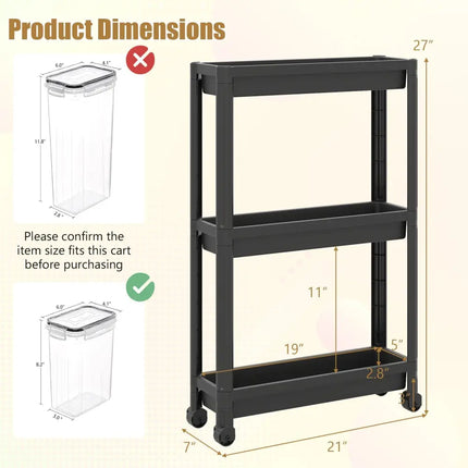 3-Tier Slim Rolling Storage Cart 2-Pack Mobile Bathroom Organizer with Wheels-Black Costway