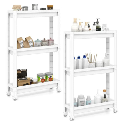 3-Tier Slim Rolling Storage Cart 2-Pack Mobile Bathroom Organizer with Wheels-White Costway