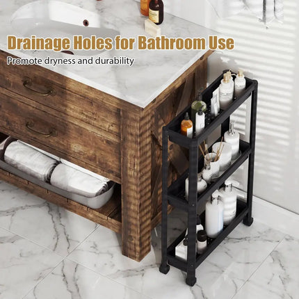 3-Tier Slim Rolling Storage Cart 2-Pack Mobile Bathroom Organizer with Wheels-Black Costway