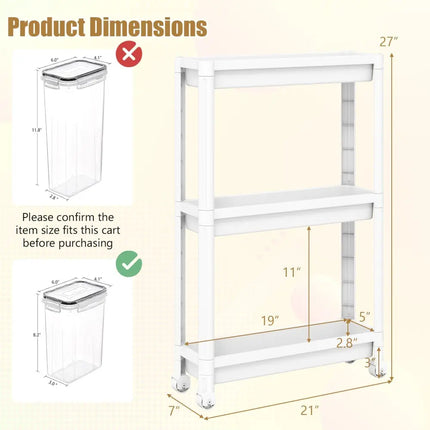 3-Tier Slim Rolling Storage Cart 2-Pack Mobile Bathroom Organizer with Wheels-White Costway