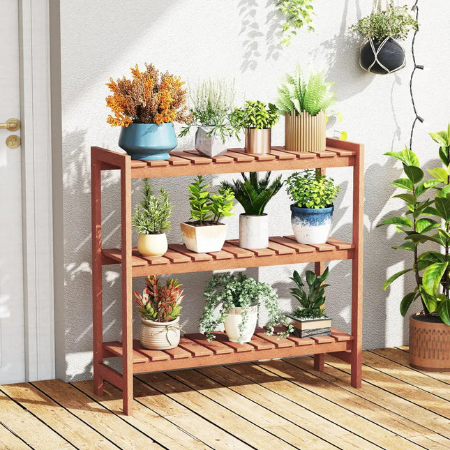 3-Tier Solid Wood Plant Stand with Slatted Shelves - Natural - Plant Stands