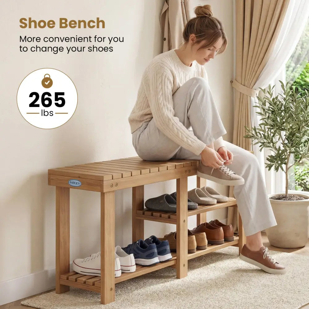 3-Tier Solid Wood Shoe Rack Bench with Slatted Shelves-L - Shoe Racks & Storage Benches