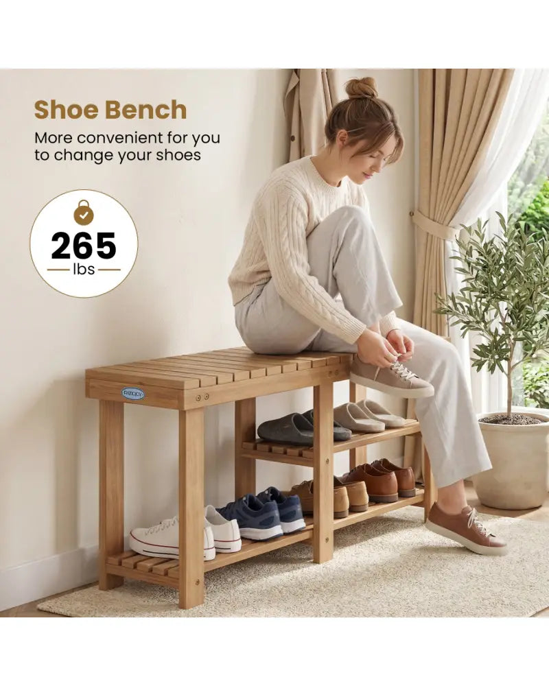 3-Tier Solid Wood Shoe Rack Bench with Slatted Shelves-L - Shoe Racks & Storage Benches