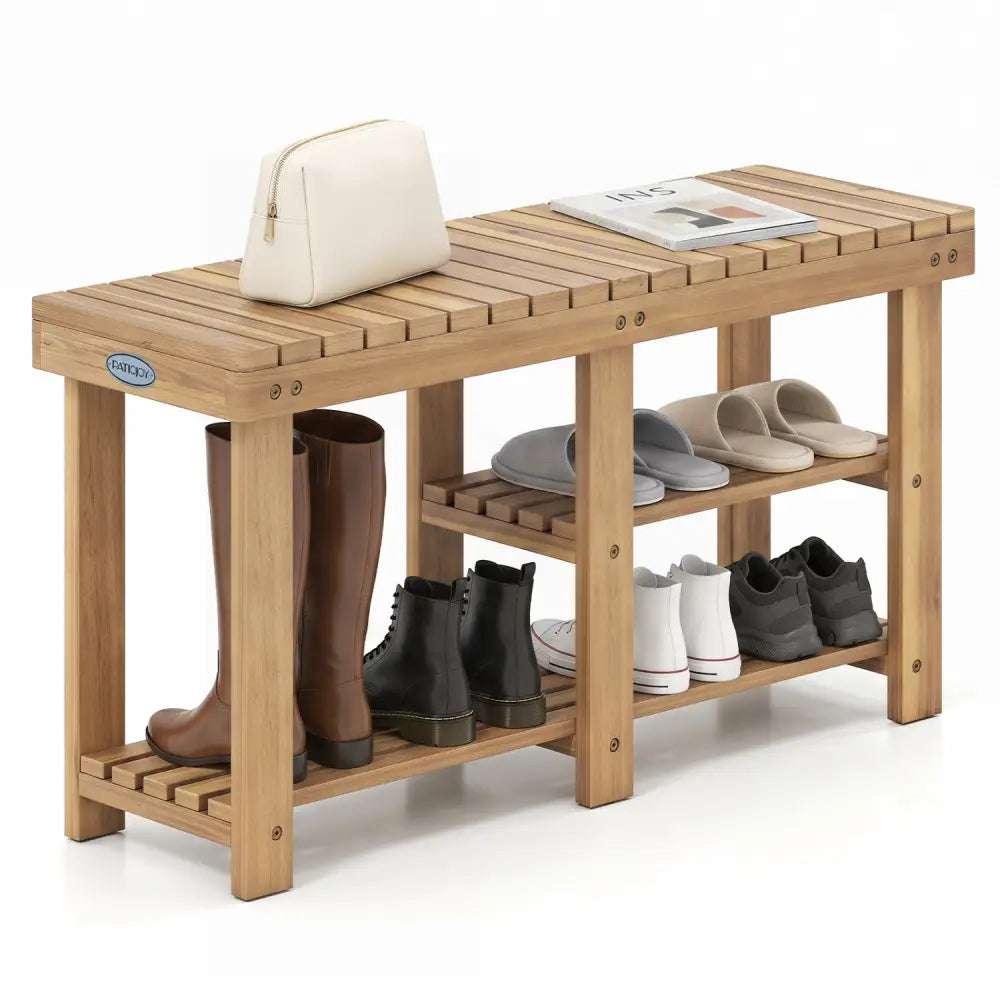 3-Tier Solid Wood Shoe Rack Bench with Slatted Shelves-L - Shoe Racks & Storage Benches