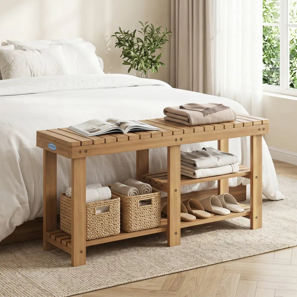 3-Tier Solid Wood Shoe Rack Bench with Slatted Shelves-L - Shoe Racks & Storage Benches