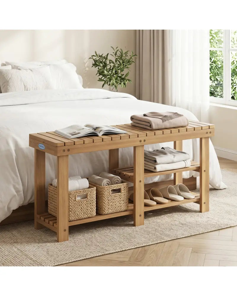 3-Tier Solid Wood Shoe Rack Bench with Slatted Shelves-L - Shoe Racks & Storage Benches