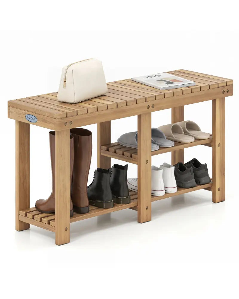 3-Tier Solid Wood Shoe Rack Bench with Slatted Shelves-L - Shoe Racks & Storage Benches