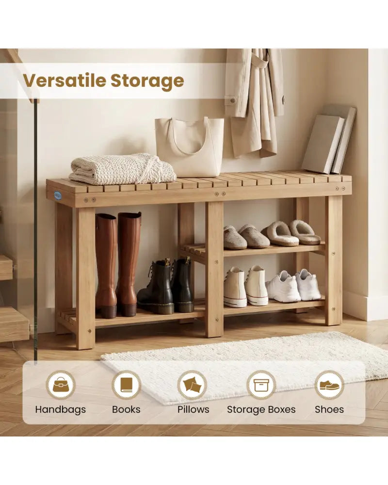 3-Tier Solid Wood Shoe Rack Bench with Slatted Shelves-L - Shoe Racks & Storage Benches