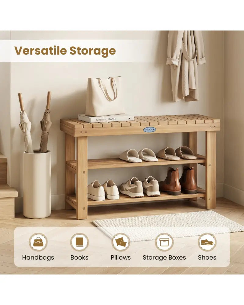 3-Tier Solid Wood Shoe Rack Bench with Slatted Shelves-M - Shoe Racks & Storage Benches