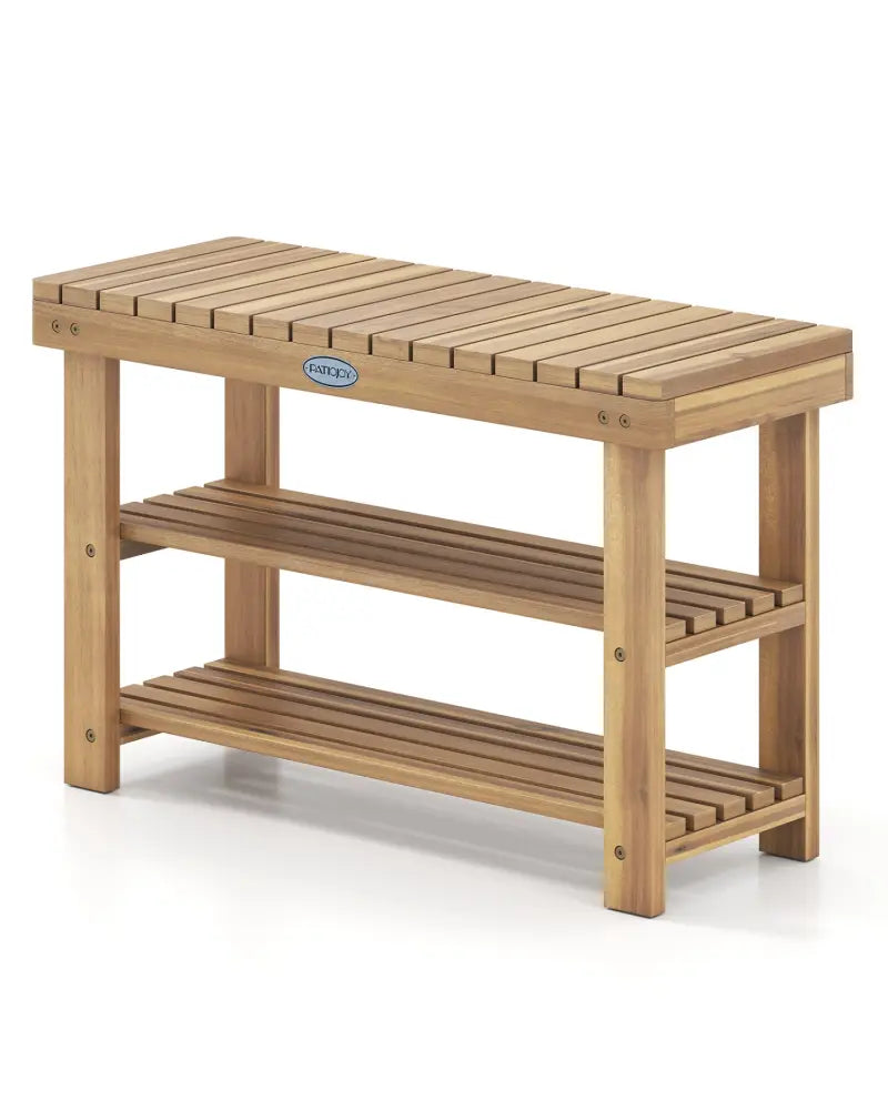 3-Tier Solid Wood Shoe Rack Bench with Slatted Shelves-M - Shoe Racks & Storage Benches