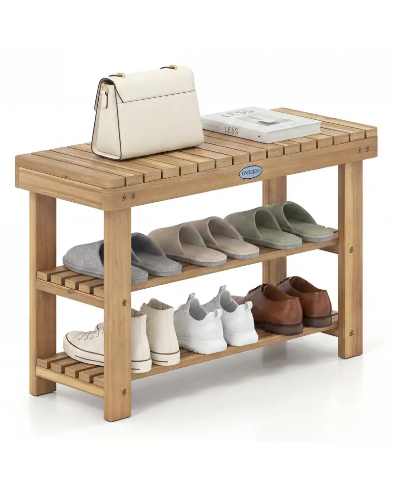 3-Tier Solid Wood Shoe Rack Bench with Slatted Shelves-M - Shoe Racks & Storage Benches