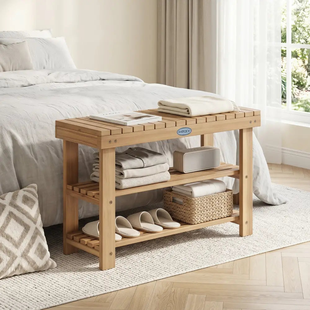 3-Tier Solid Wood Shoe Rack Bench with Slatted Shelves-M - Shoe Racks & Storage Benches