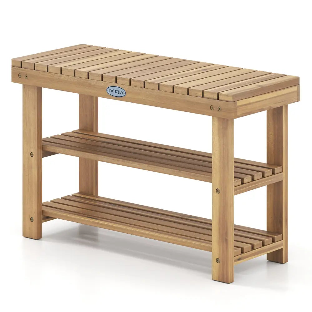 3-Tier Solid Wood Shoe Rack Bench with Slatted Shelves-M - Shoe Racks & Storage Benches