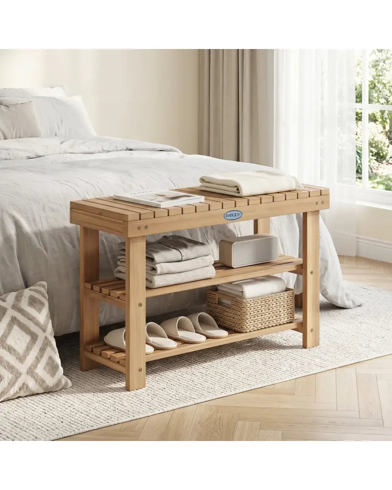 3-Tier Solid Wood Shoe Rack Bench with Slatted Shelves-M - Shoe Racks & Storage Benches