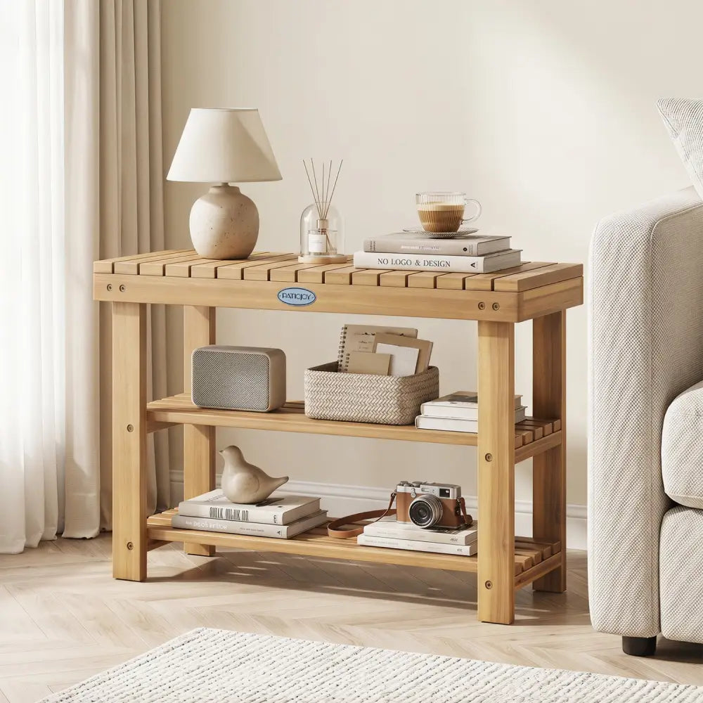 3-Tier Solid Wood Shoe Rack Bench with Slatted Shelves-M - Shoe Racks & Storage Benches