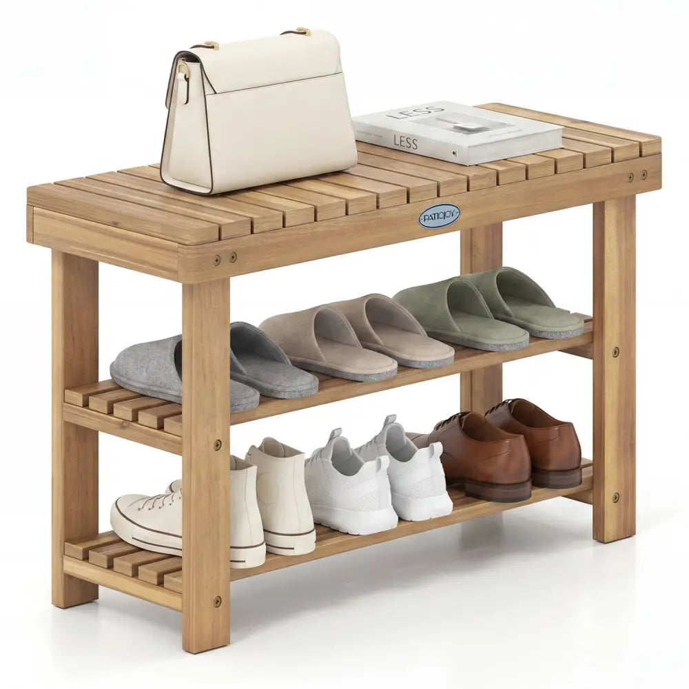3-Tier Solid Wood Shoe Rack Bench with Slatted Shelves-M - Shoe Racks & Storage Benches