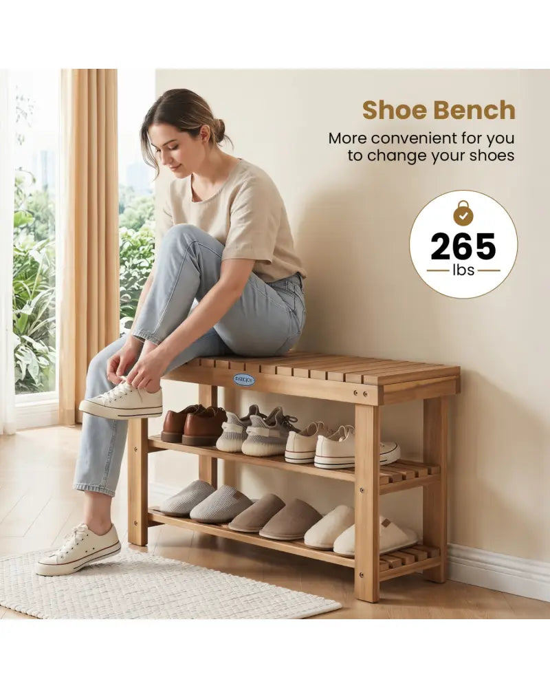 3-Tier Solid Wood Shoe Rack Bench with Slatted Shelves-M - Shoe Racks & Storage Benches
