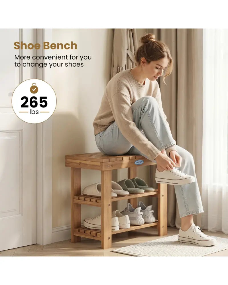 3-Tier Solid Wood Shoe Rack Bench with Slatted Shelves-S - Shoe Racks & Storage Benches
