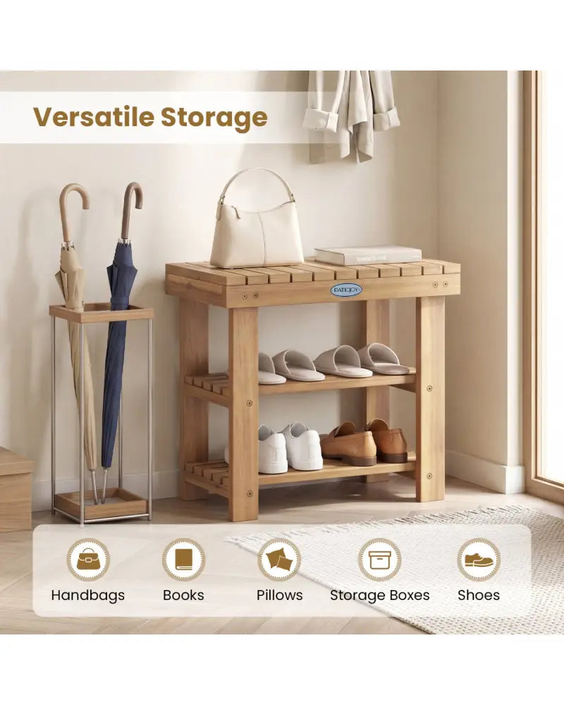 3-Tier Solid Wood Shoe Rack Bench with Slatted Shelves-S - Shoe Racks & Storage Benches