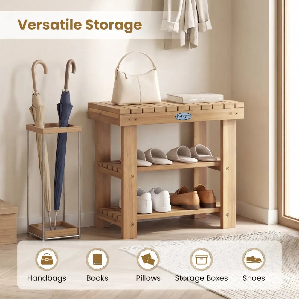 3-Tier Solid Wood Shoe Rack Bench with Slatted Shelves-S - Shoe Racks & Storage Benches