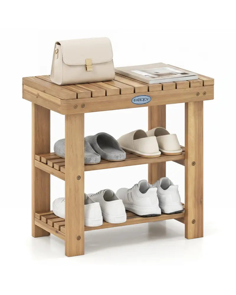 3-Tier Solid Wood Shoe Rack Bench with Slatted Shelves-S - Shoe Racks & Storage Benches