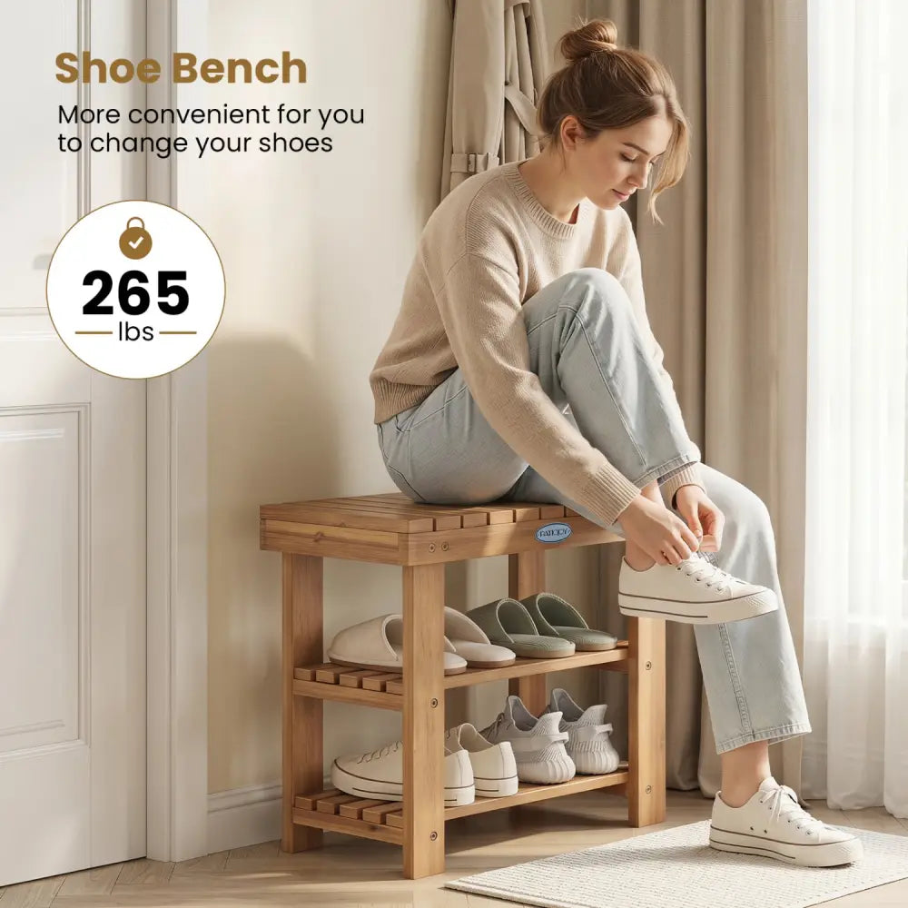 3-Tier Solid Wood Shoe Rack Bench with Slatted Shelves-S - Shoe Racks & Storage Benches