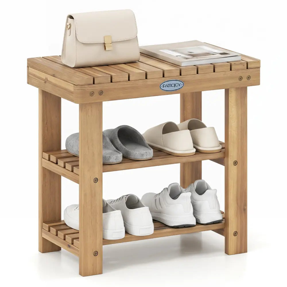 3-Tier Solid Wood Shoe Rack Bench with Slatted Shelves-S - Shoe Racks & Storage Benches