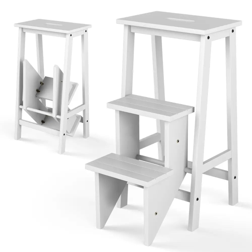 3-Tier Step Stool 3 in 1 Folding Ladder Bench-White - White - Toddler & Kids Furniture