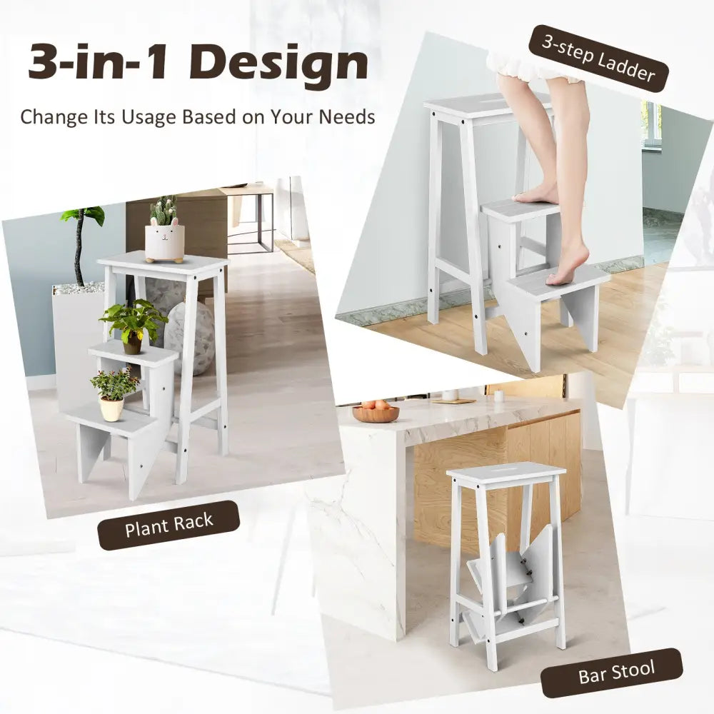 3-Tier Step Stool 3 in 1 Folding Ladder Bench-White - White - Toddler & Kids Furniture