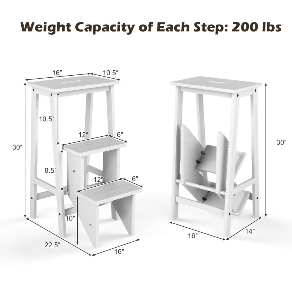 3-Tier Step Stool 3 in 1 Folding Ladder Bench-White - White - Toddler & Kids Furniture