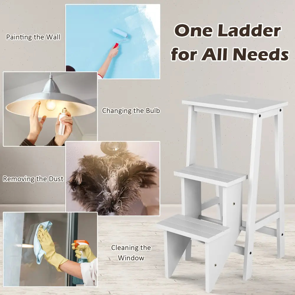 3-Tier Step Stool 3 in 1 Folding Ladder Bench-White - White - Toddler & Kids Furniture